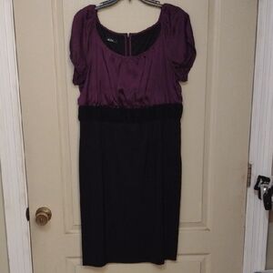 Alyx Two-Tone Purple and Black Midi Dress with Puff Sleeves